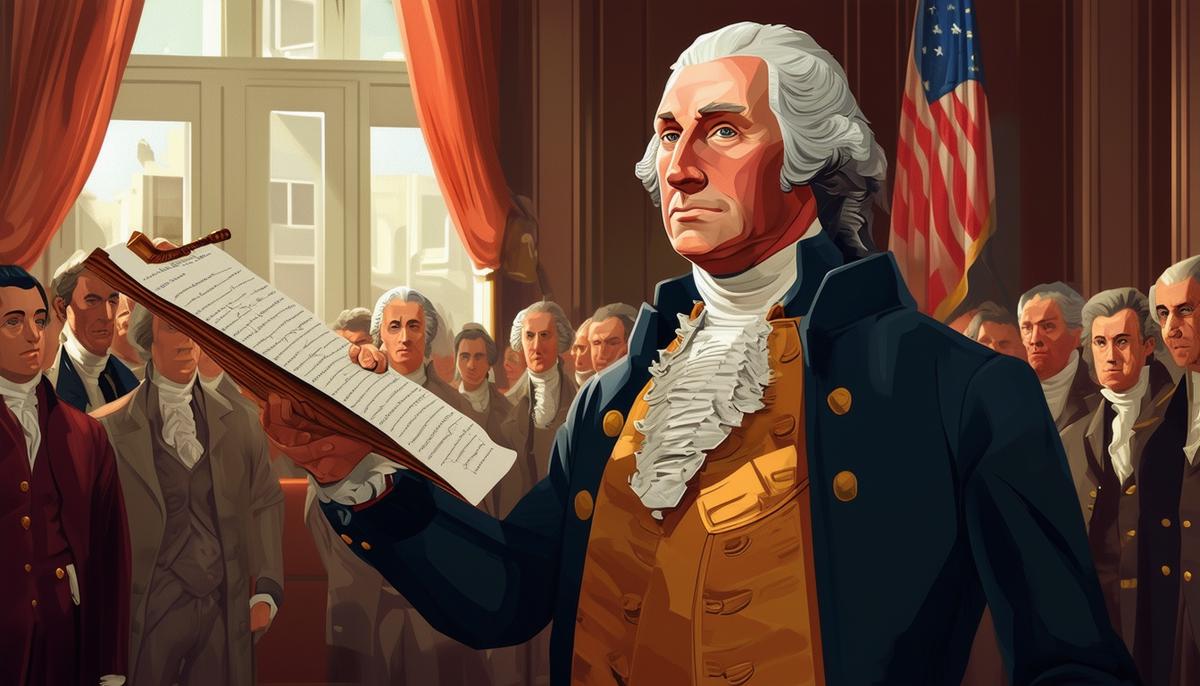 Portrait of George Washington issuing a directive to his cabinet, representing the first use of executive orders