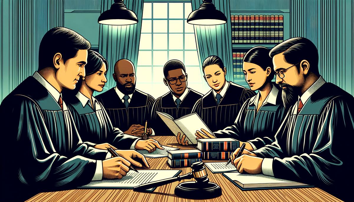 Supreme Court justices reviewing an executive order, representing judicial oversight